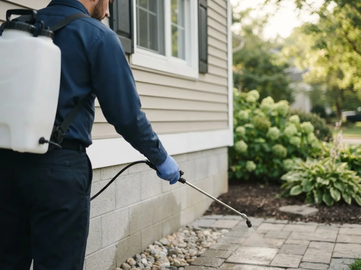 Pest control technician inspecting a home in Farmington, WA